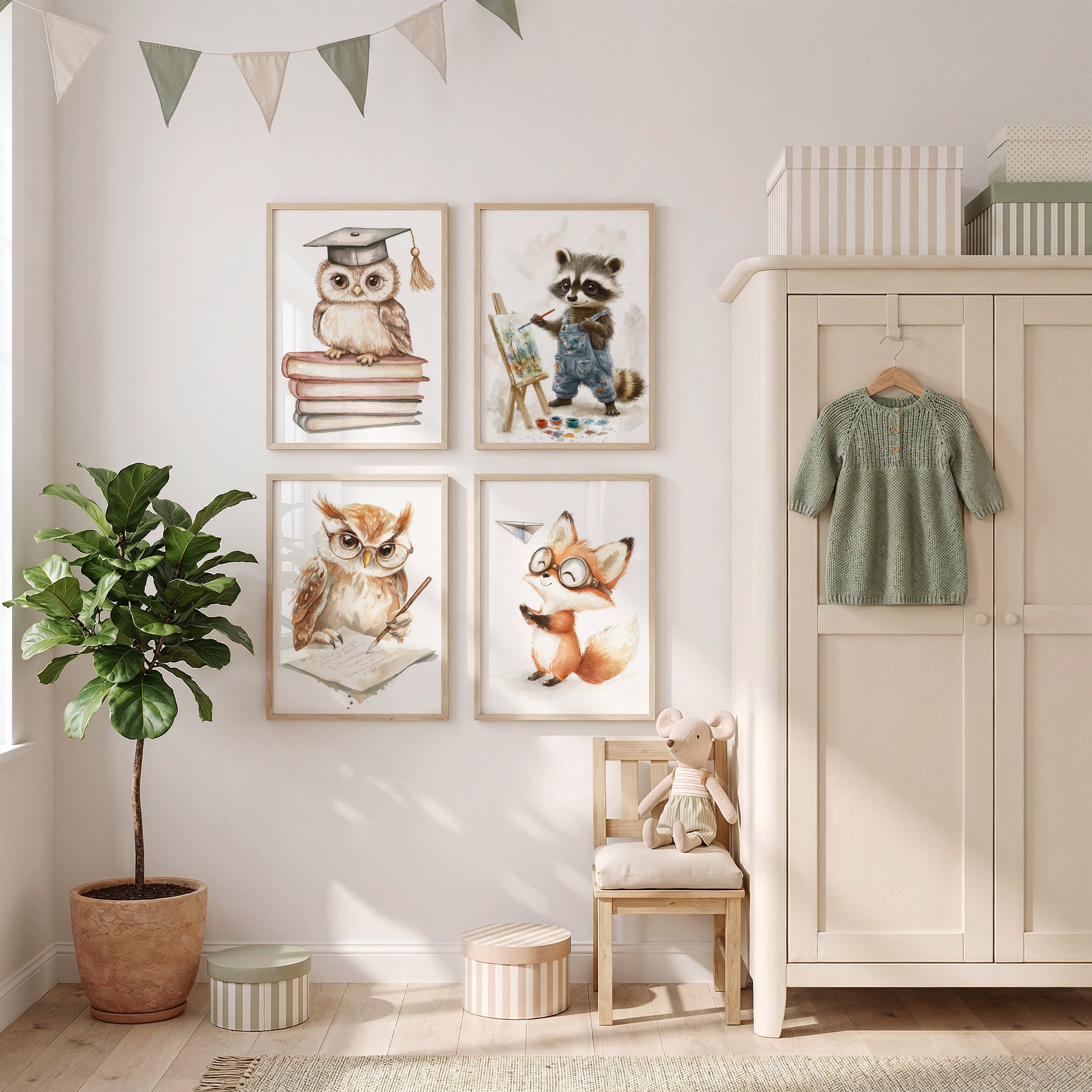 Waldtiere Kinderzimmer Magisch Aquarell Eule Waschbär Fuchs Poster · Kinderzimmer Bilder · Wand Deko · Kunst Druck · Deko Print ohne Rahmen