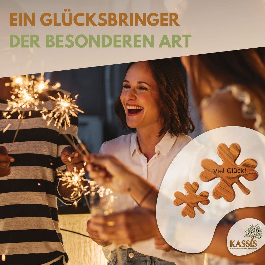 Kleeblatt Handschmeichler aus Olivenholz | Glücksbringer als Geschenk für Geburtstag, Prüfung & Neuanfang