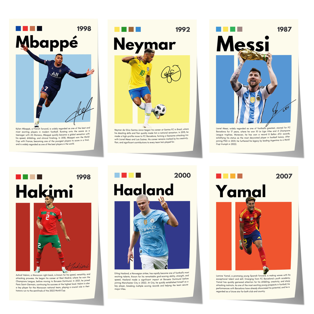 Fußball Stars Poster · Mbappé Neymar Messi Hakimi Haaland Yamal · Sport Wanddeko · Print ohne Rahmen